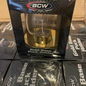 New box of 34 BCW Gold Base Hockey Puck Holders for Display Storage Protection